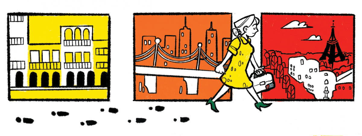Three square illustration panels that show a woman walking across cities with her footprints trailing behind her.