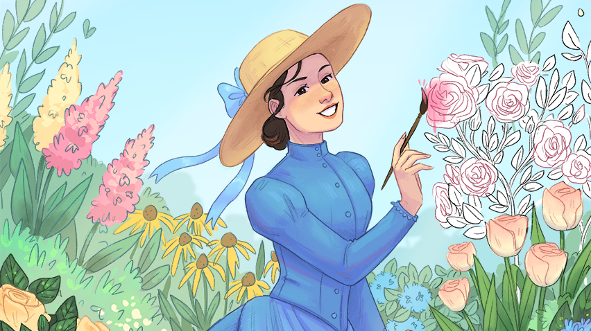 Blog - Drawn to Maria Oakey Dewing, cover, homepage crop Illustration of a woman standing in a garden, holding a paintbrush.