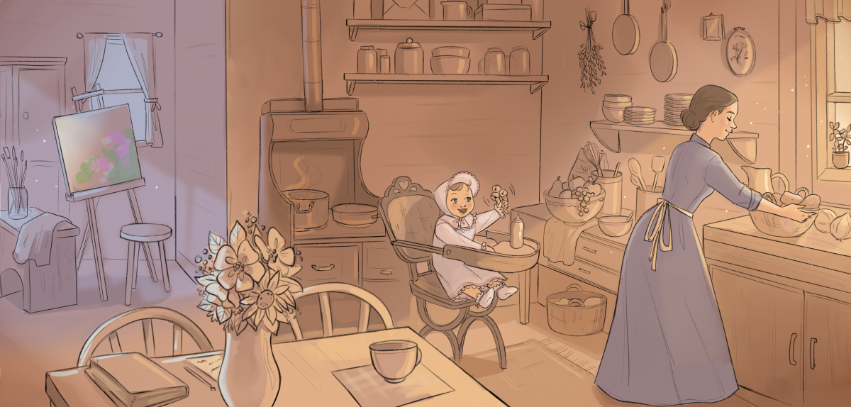 Illustration of the artist standing in her kitchen with her baby seated in a high chair.