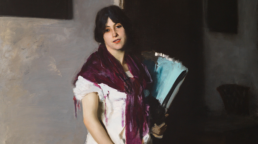 Detail of painting of woman with dark hair holding a blue object