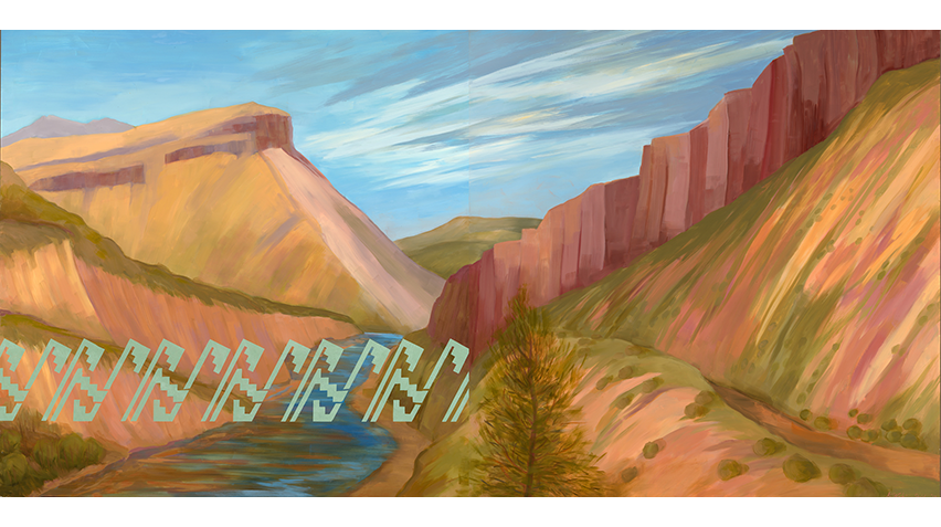 Blog - Kay Walkingstick, homepage image Landscape of mountains with Native motifs overlayed.