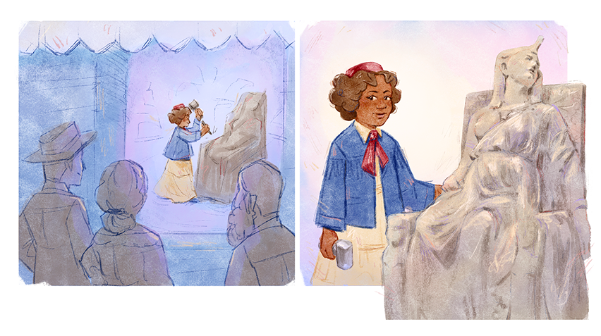 Two panels of an illustrated comic. On the left, the artist is sculpting marble while people look on in the foreground. On the left, she stands in front of the finished artwork "The Death of Cleopatra."