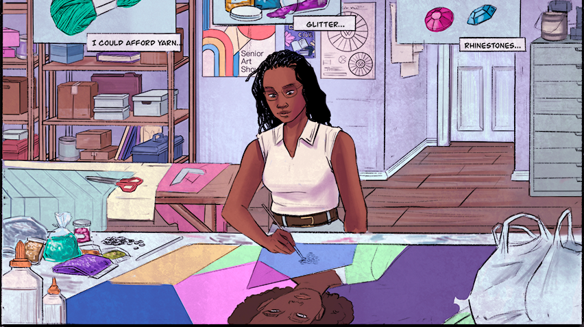 An illustration of a young Black artist painting a portrait. Above the text reads "I could afford yarn...glitter...rhinestones..."
