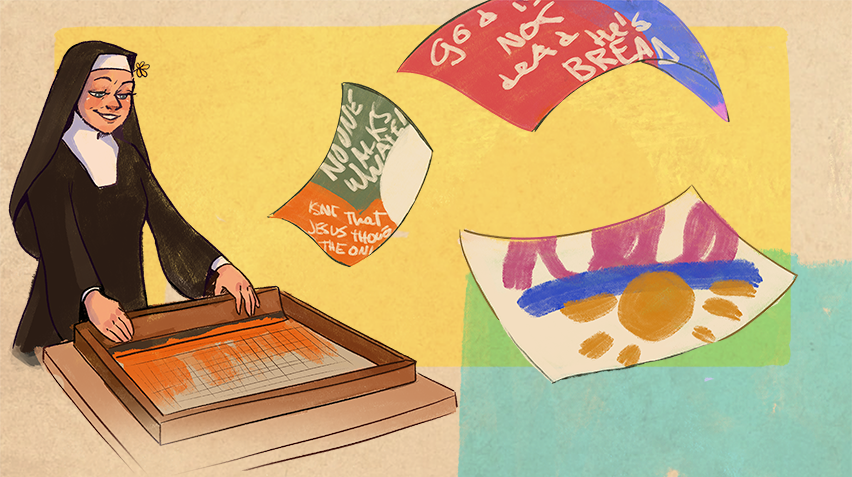 An illustration of a nun creating a screenprint