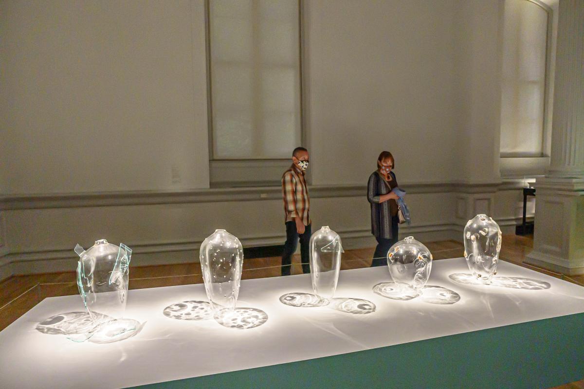 A chandelier made of glass that looks like meat.