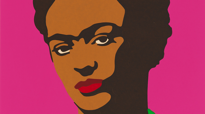 A close up crop of a screenprint of Frida Kahlo's face.