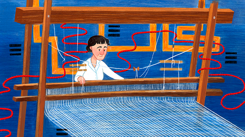 An illustration of an artist weaving at a loom with a vivid blue background with winding orange lines.