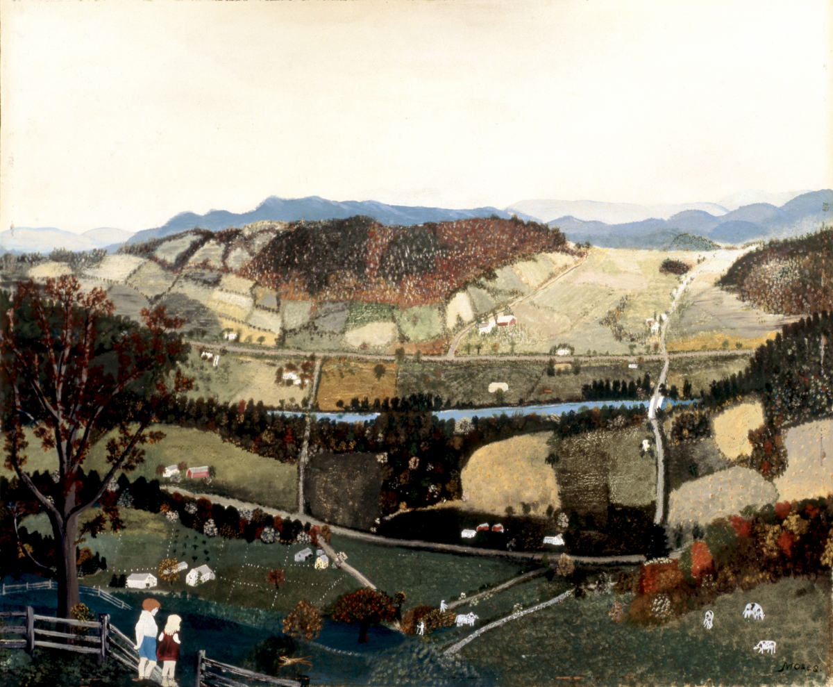A painting of farms against a hillside.