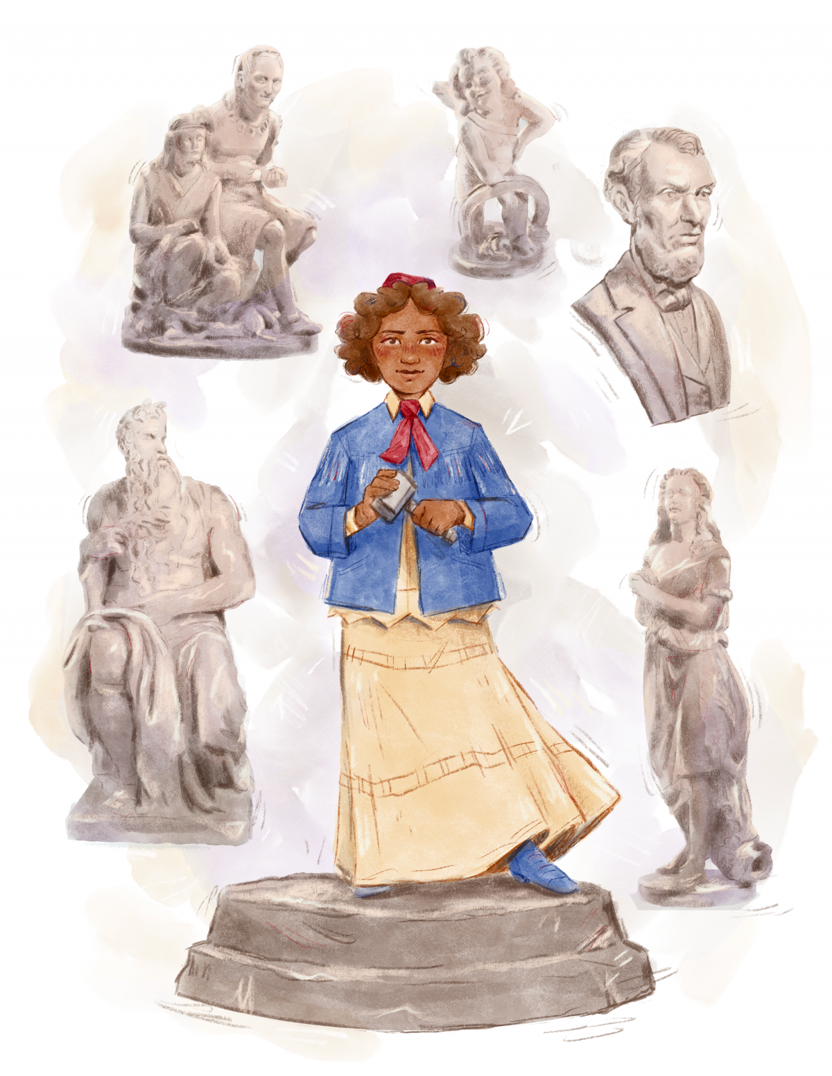 An illustration of a young Edmonia Lewis standing on a pedastal, surrounded by her sculptures.