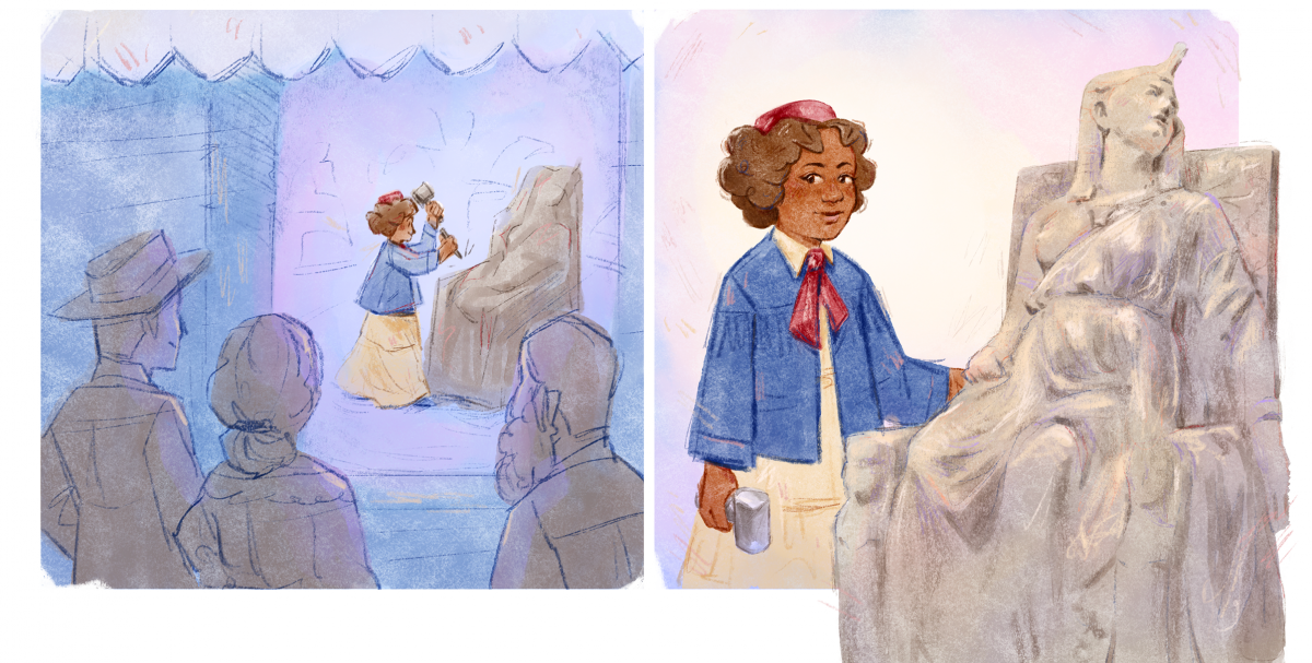 Two panels of an illustrated comic. On the left, the artist is sculpting marble while people look on in the foreground. On the left, she stands in front of the finished artwork "The Death of Cleopatra."
