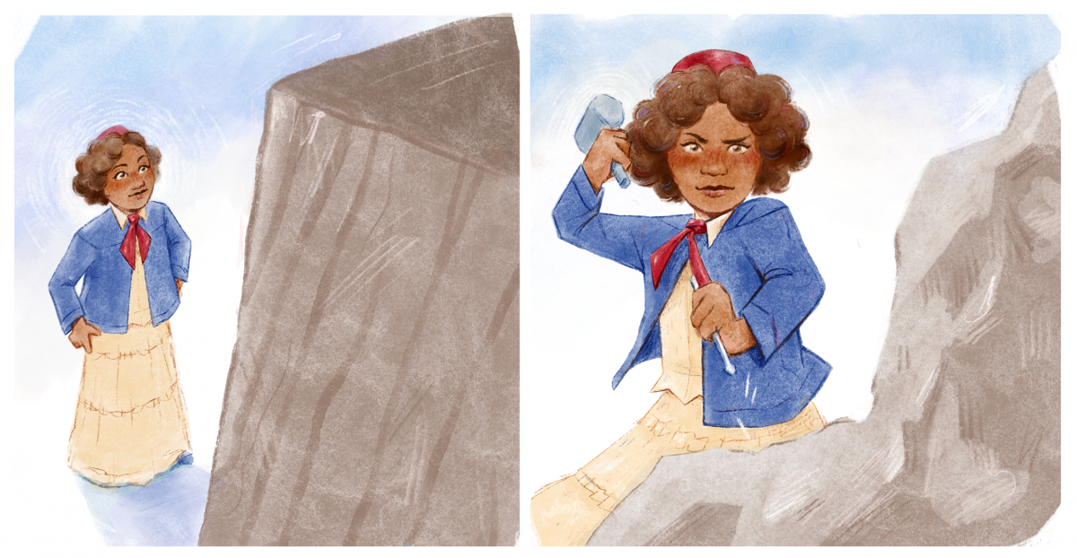 Two cells from an illustration. In the first, a young Black artist is staring up at the slab of marble. In the second, she is striking it with a defiant look on her face.