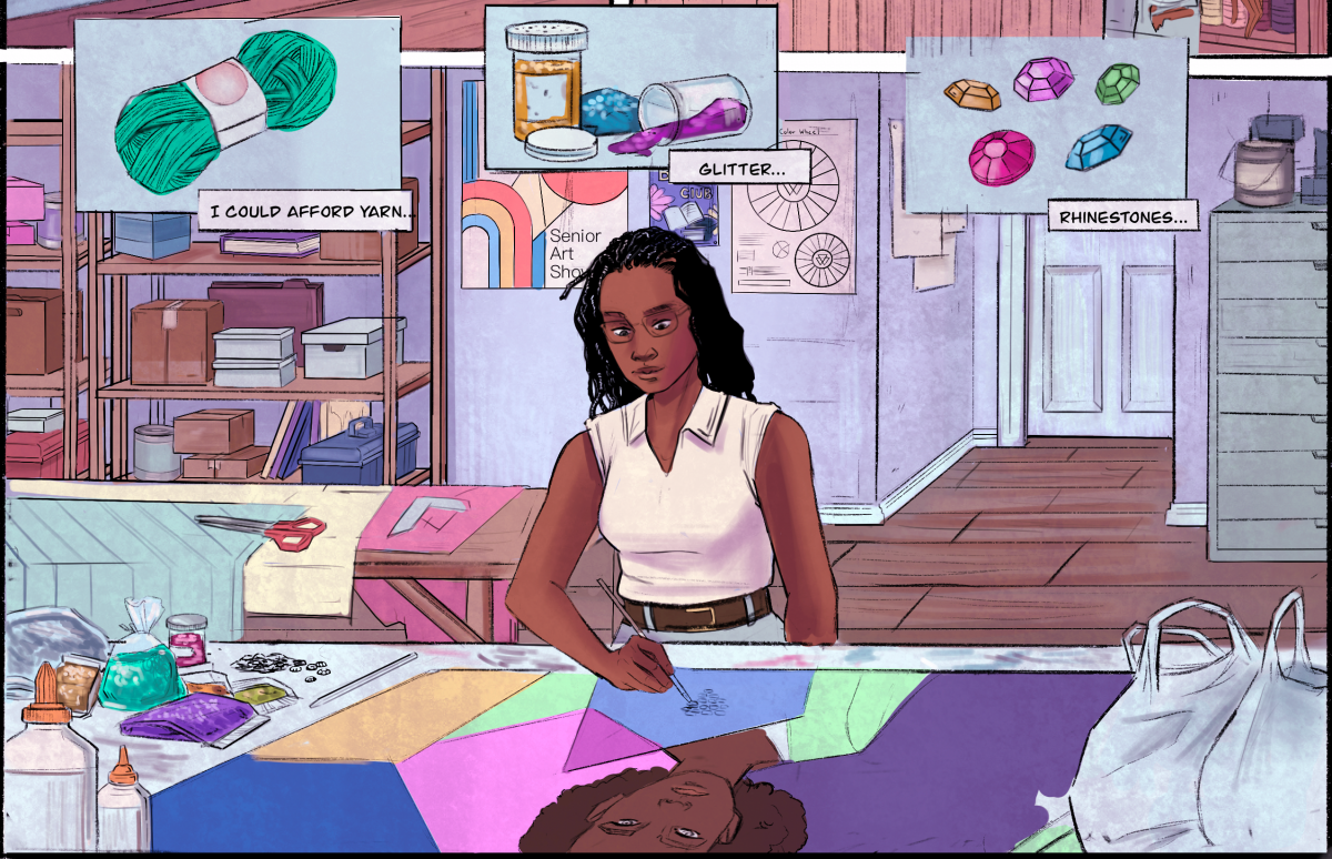 Artist Mickalene Thomas sits at an art table painting a portrait. Above her are boxes each showing craft supplies with the text "I could aford yarn...glitter...rhinestones.."