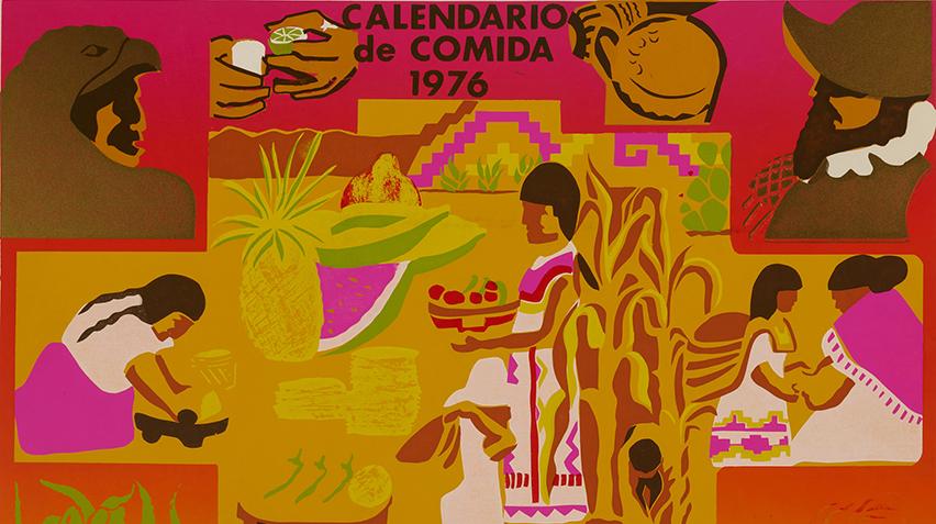 Blog - Calendario de Comida, homepage Cover of a 1976 calendar featuring a graphic scene of Mexican people with food.
