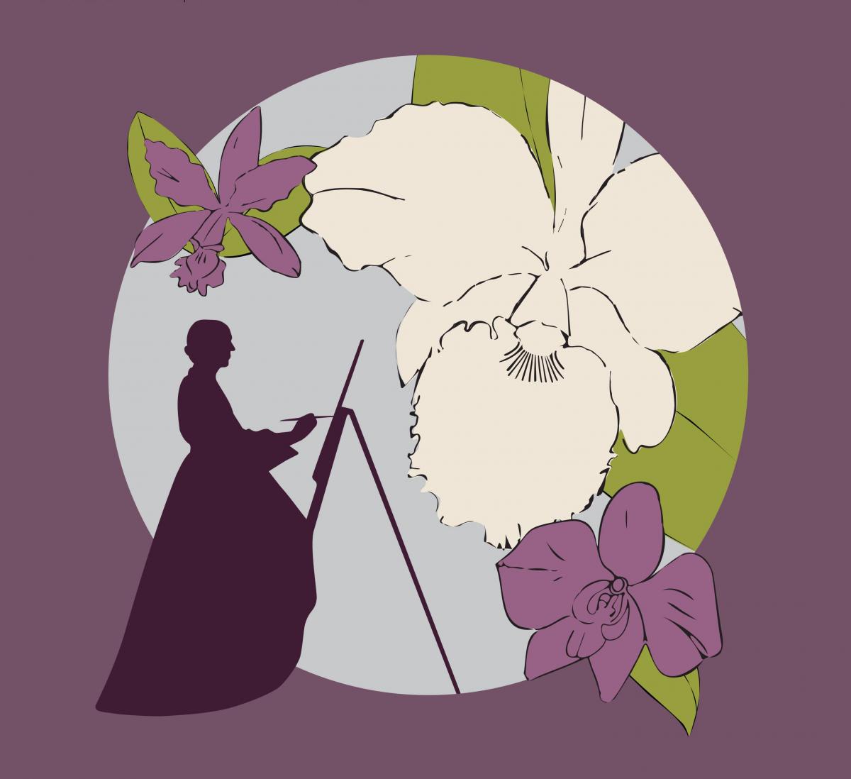 A silhouette of a woman standing in front of orchids is shown