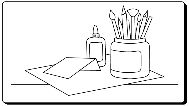 a line drawing of glue and a jar of paint brushes