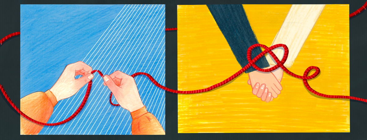 Two comic cells. On the left is a pair of hands holding a red thread. On the right, two hands locked together. A red thread connects both the cells and forms a heart over the connected hands.