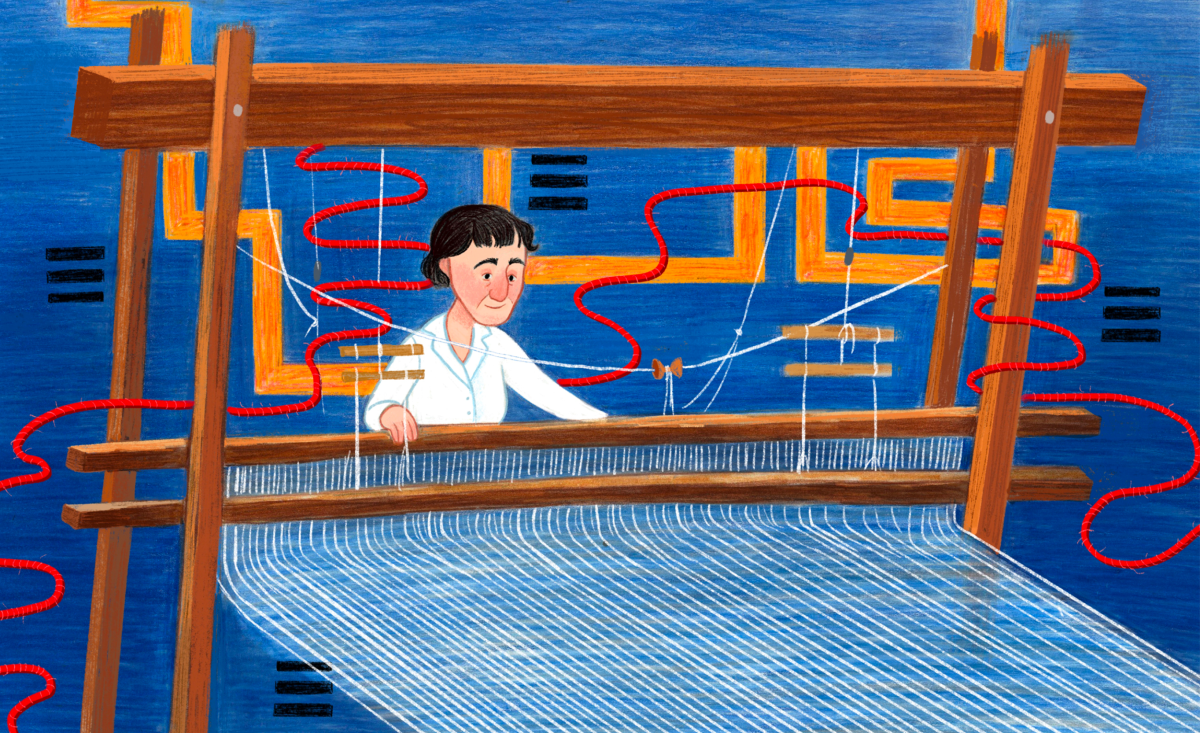 An illustration of a woman sitting at a large floor loom