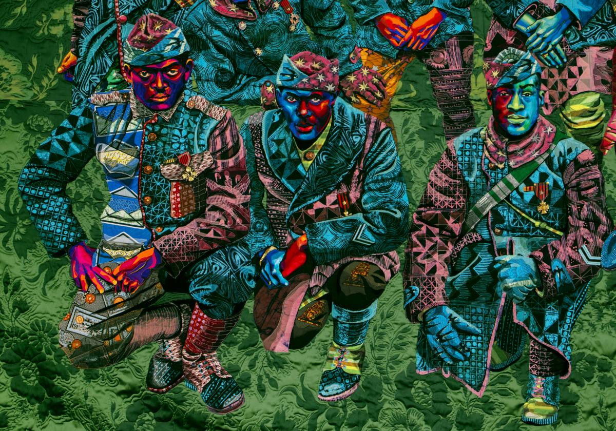 Detail of quilted portrait showing three African American soldiers