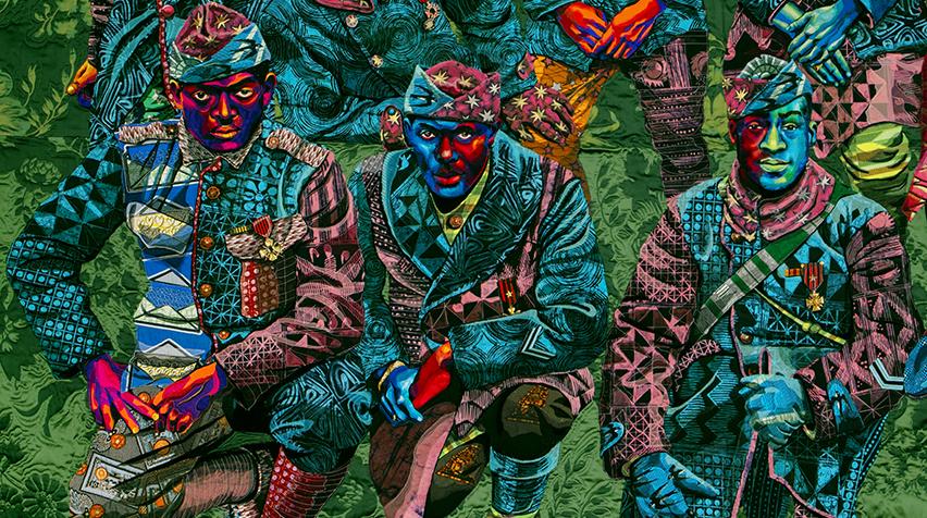 Detail of quilted portrait showing three African American soldiers