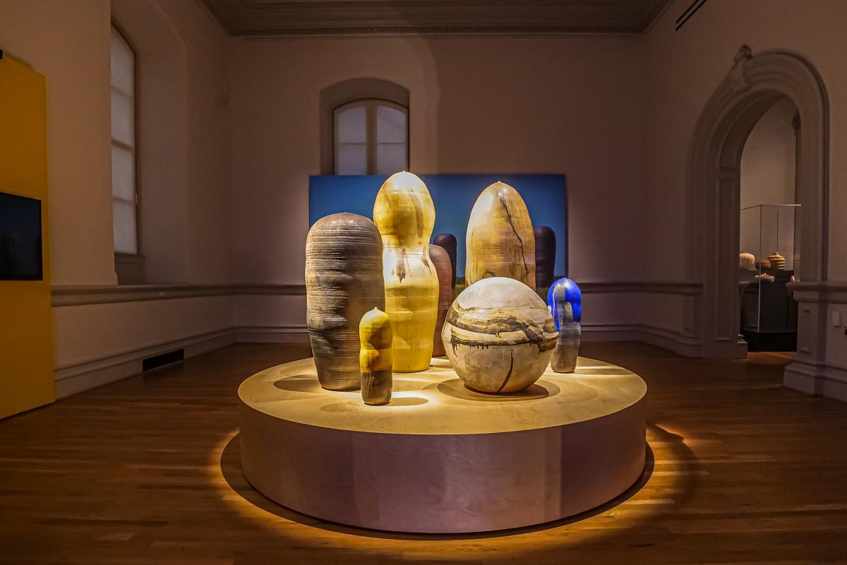 Installation group showing large, egg-shaped ceramic objects