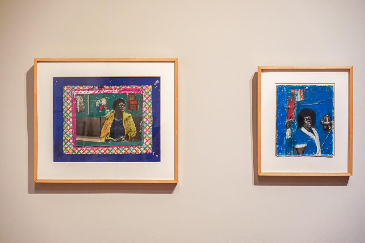 Two colorful artworks on display in the gallery