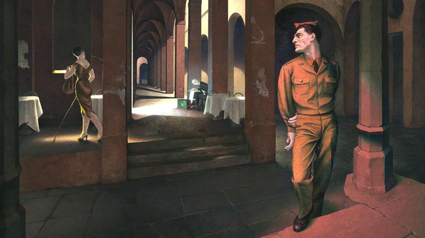 A painting of a soldier looking at a strolling woman.