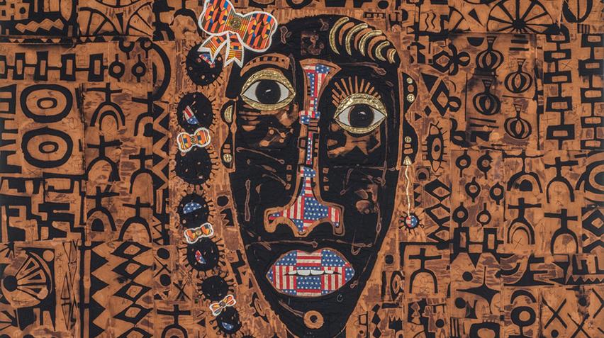 Close up of mixed media portrait quilt