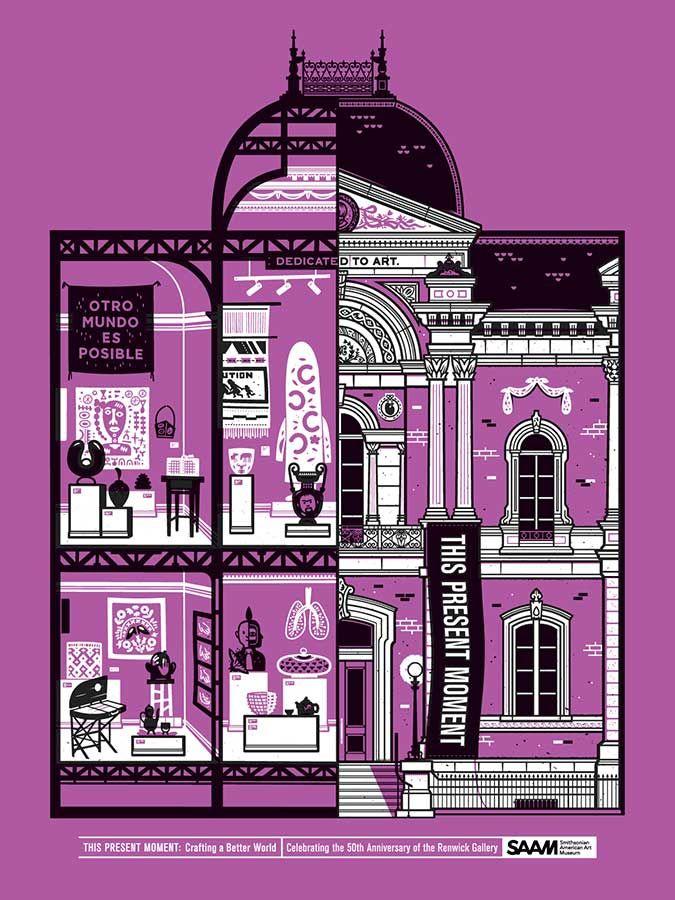 Purple poster showing an illustrated print of the Renwick Gallery's facade
