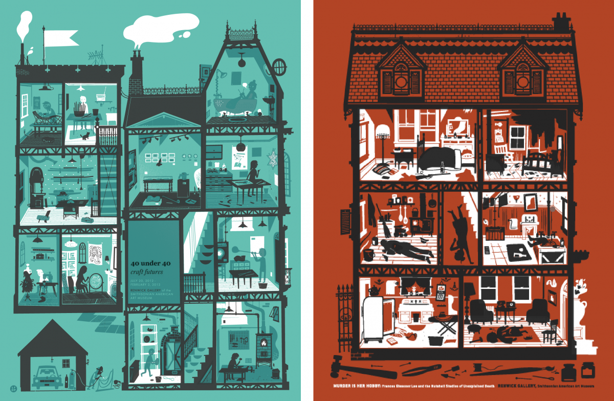 Two posters side by side, teal on the left and a brick red on the right. They show the facades of buildings and scenes within