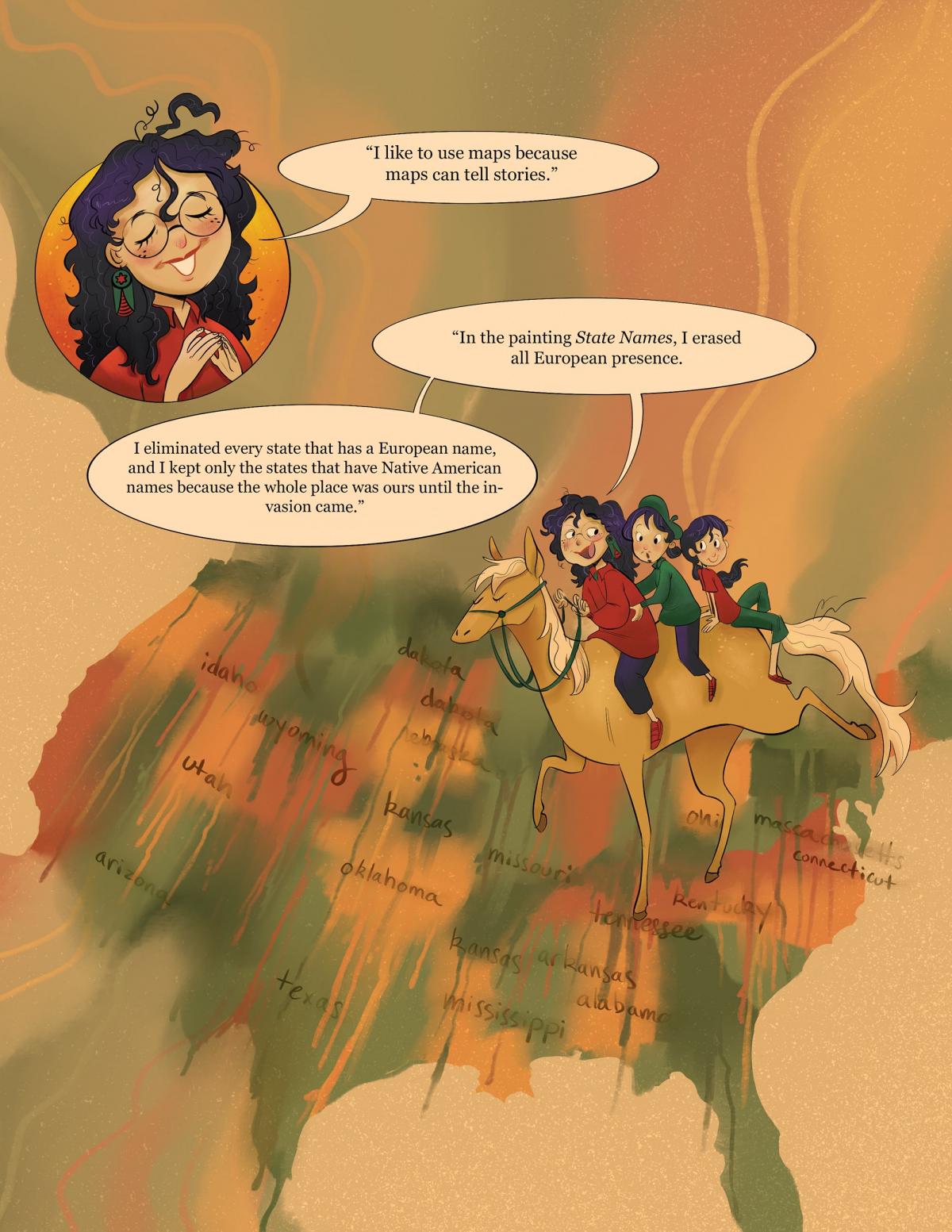 Jaune Quick-To-See Smith Comic - Page 4 showing Jaune Quick-To-See Smith looking over a map of the United States