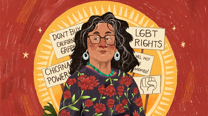 Detail of comic cover depicting an illustration of the artist with protest signs behind her.