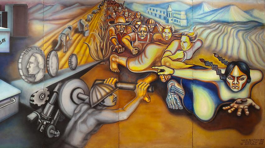 Detail of a mural showing an indigenous woman at the  forefront of a scene of farmworkers