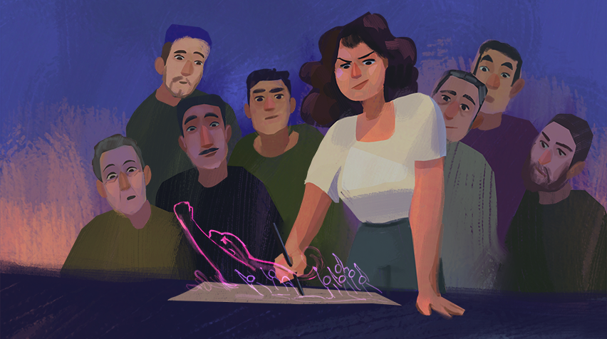 An illustration of a woman drawing at a table and a group of men behind her, looking on.