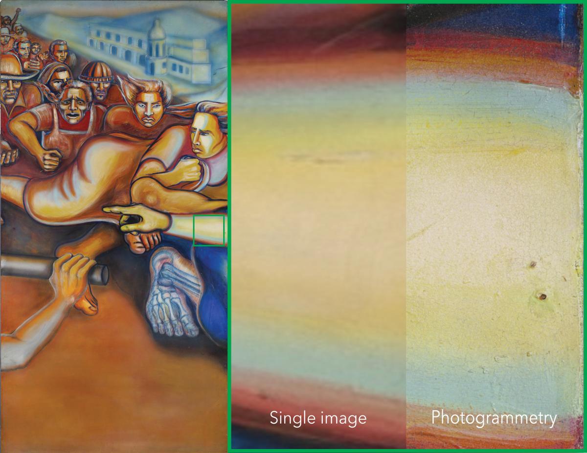 Three details of the photogrammetry process. The mural is on the left, the single image is on the right, and the detail with photogrammetry is on the right.