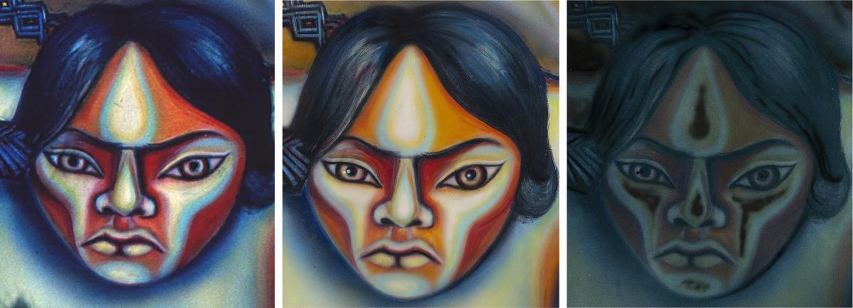 Three details of one figure in a historical view, visible light, and UV light