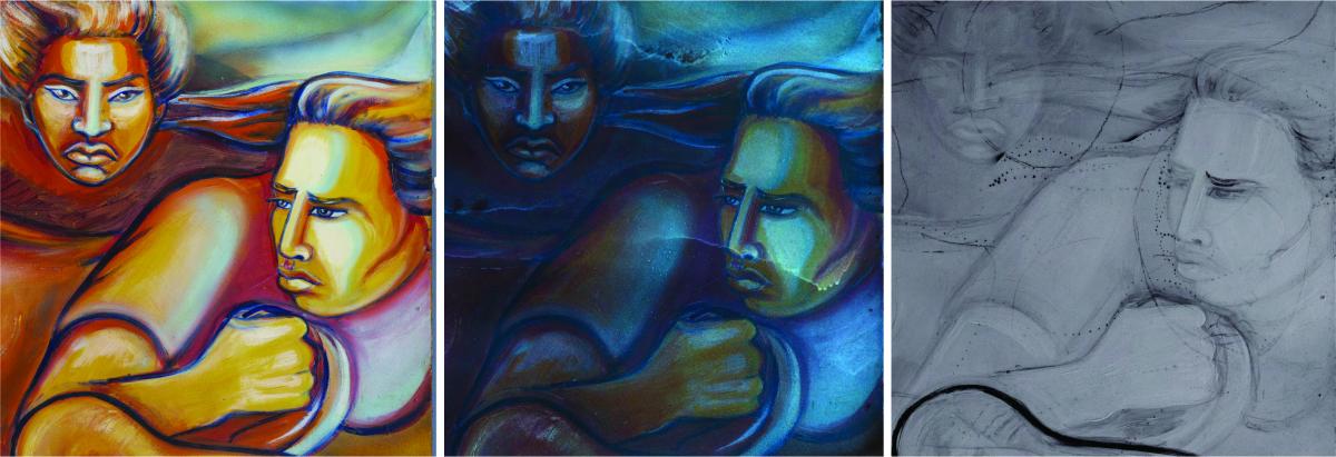 Left: A detail of Panel E in visible light. Middle: The same detail in UV induced luminescence, where a glowing, heavily applied coating can be seen over the figure’s face. Right: The same detail in infrared reflected light showing the underdrawings and ‘pouncing’ dots, a technique used by muralists for centuries to transfer a design onto a wall.&nbsp;