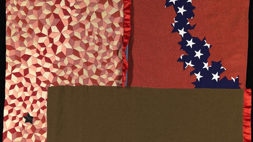 Blog - Edson's Flag, home page crop Detail of a mixed media artwork using a flag and military blanket