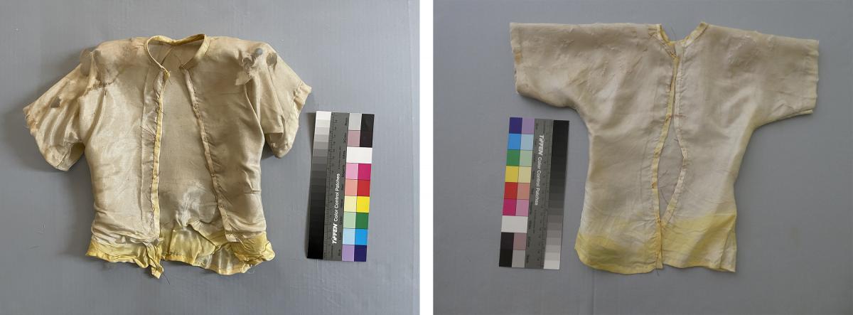 An off-white doll's blouse, with slight yellowing, before and after cleaning.