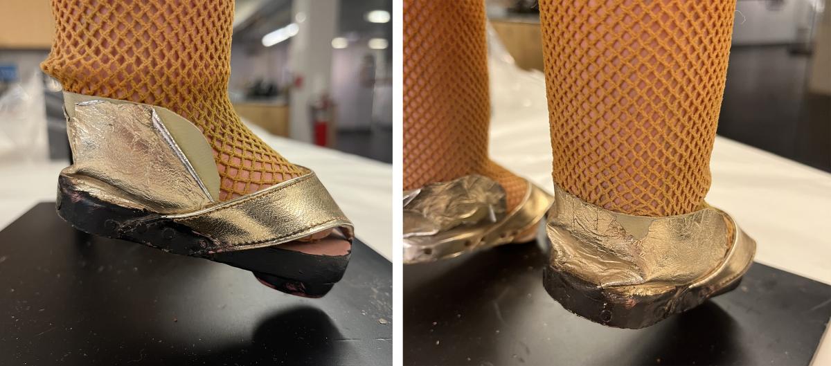 Close up of golden doll sandals before and after restoration.