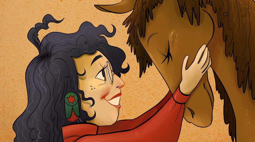 Blog - Drawn to Jaune Quick-To-See Smith, home page crop A tight crop of an illustration showing a girl with her hands on the face of a horse. She is smiling.