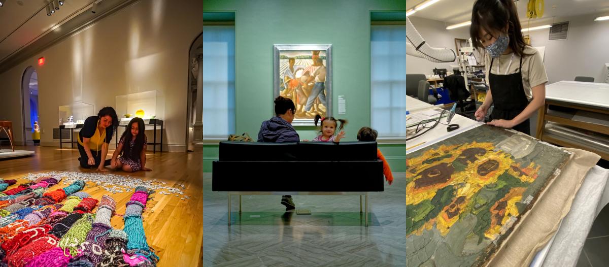 a header showing children with their parents and a conservator restoring a painting