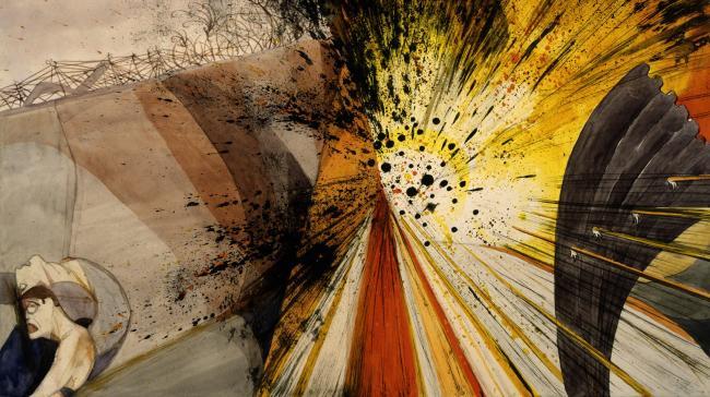 A explosion of yellows and reds in a scene from WWI