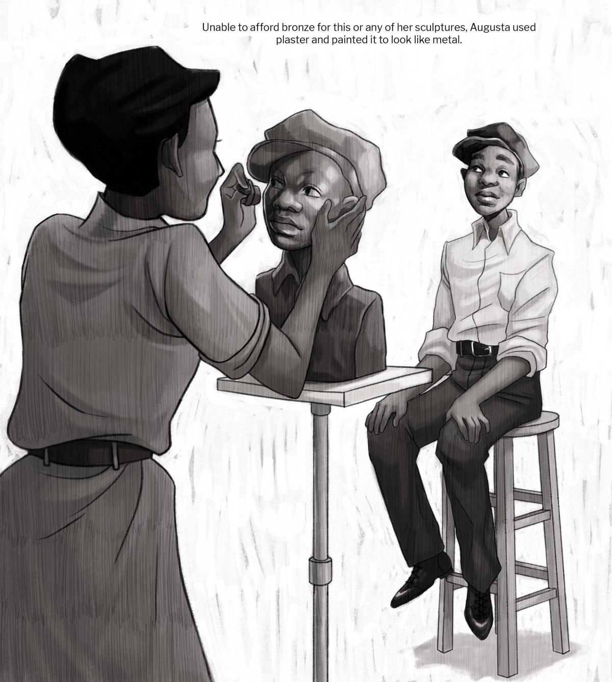 Comic book page Augusta Savage sculpting a portrait of her nephew, who is sitting in front of her posing.