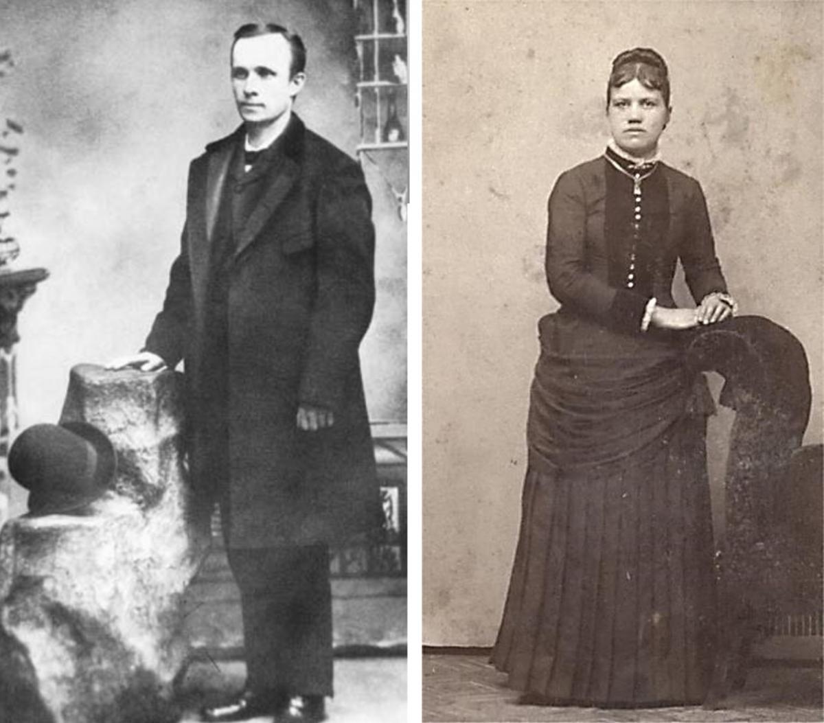 Side by side images. On the left, Andrew Clemens stands in a black and white photo. On the right, a woman in her twenties appears in a sepia-toned photograph.
