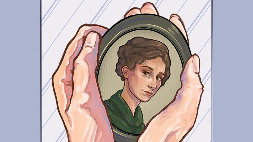 An illustration of two hands holding a miniature portrait of a woman in an oval frame.