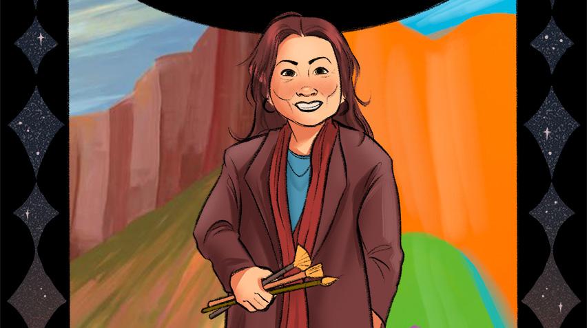 An illustrated portrait of a woman standing in front of a painting. She has medium brown hair, is wearing a brown jacket, and holding paintbrushes.