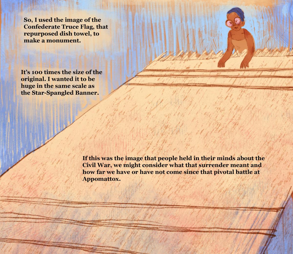 An illustration of an African American woman sitting behind a large-scale woven tapestry. 