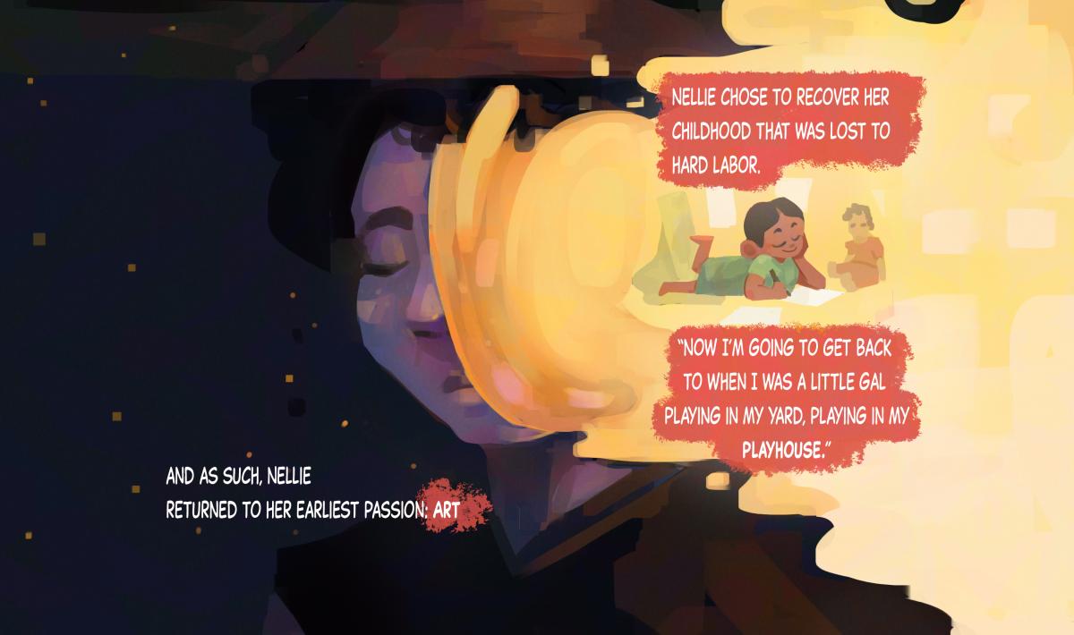 A panel of a web comic. A woman is shown in dark profile on the left. On the right, a bright yellow light is radiating from her face. At the center of the light is a child version of Nellie Mae Rowe.