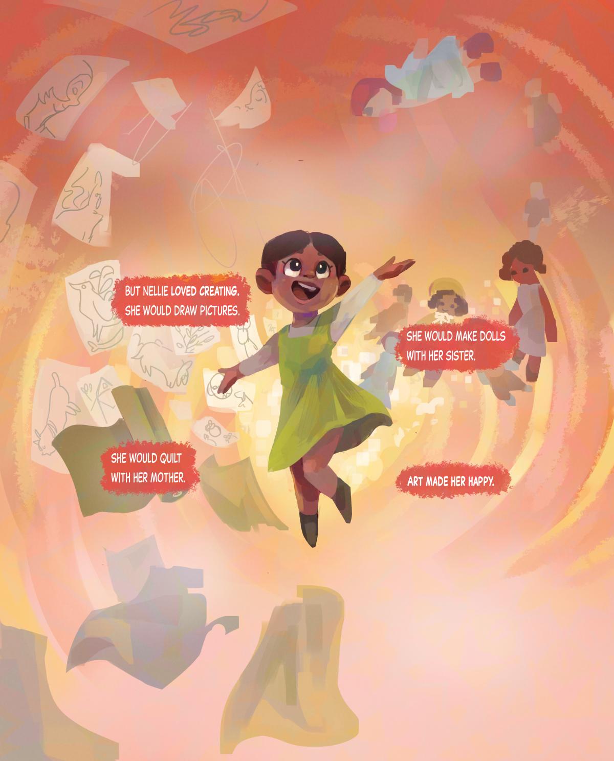 An illustrated comic page. At the center is a young African American girl. Drawings and paper swirl around her.