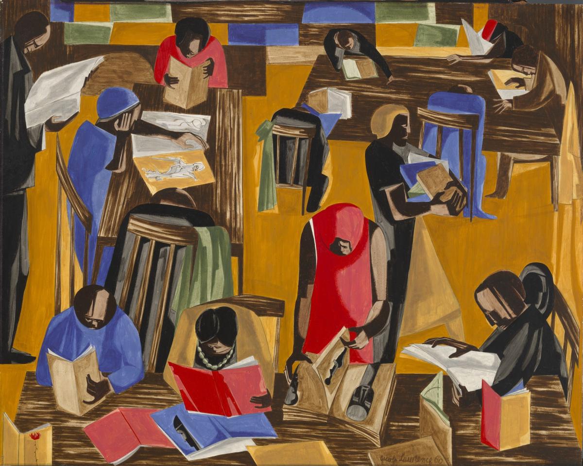 An abstract painting by Jacob Lawrence showing a group of people reading